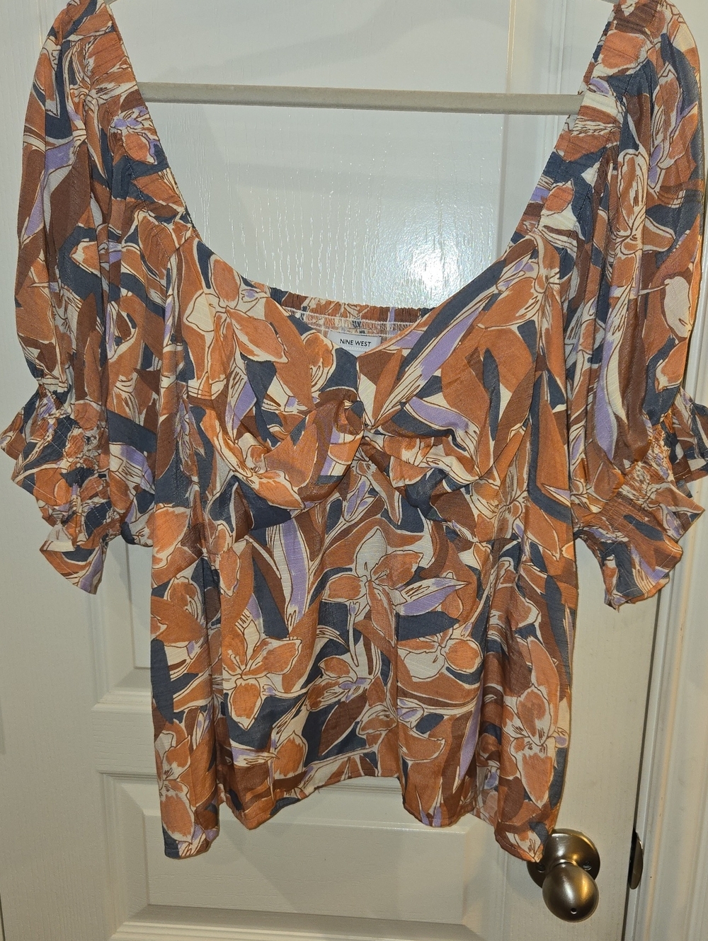 Nine West Burnt Orange Floral Square Neck Puff Sleeve Blouse